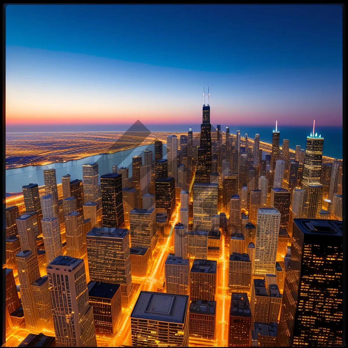 Picture of Urban Night Skyline with Glowing Skyscrapers and River