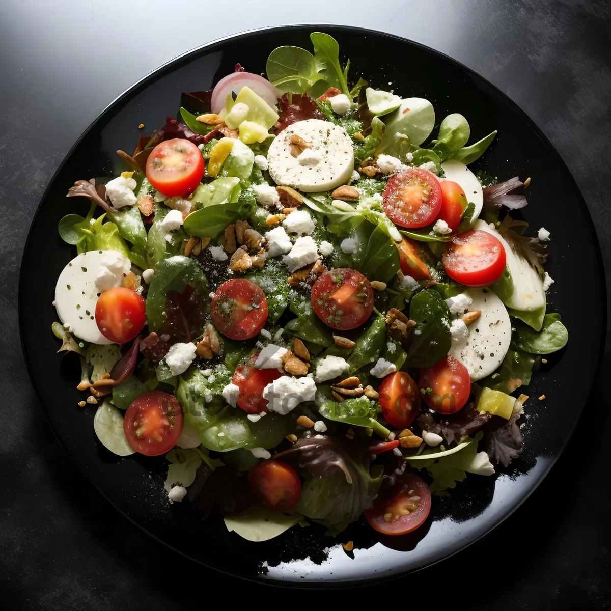 Picture of Fresh vegetable salad with tasty cheese and olives