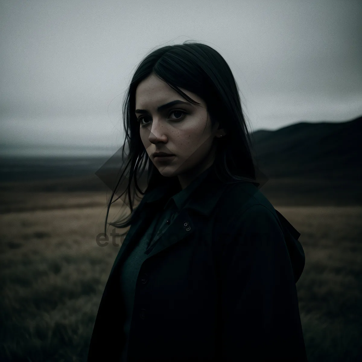 Picture of Smiling brunette model in fashionable black cloak.