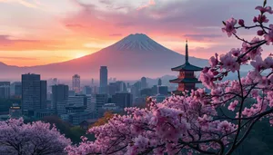 Mount Fuji in Japan at Sunset viewed from town.