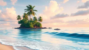 Tropical beach paradise under sunny sky with palm trees