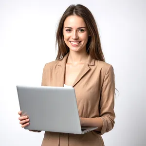 Happy businesswoman working on laptop in office