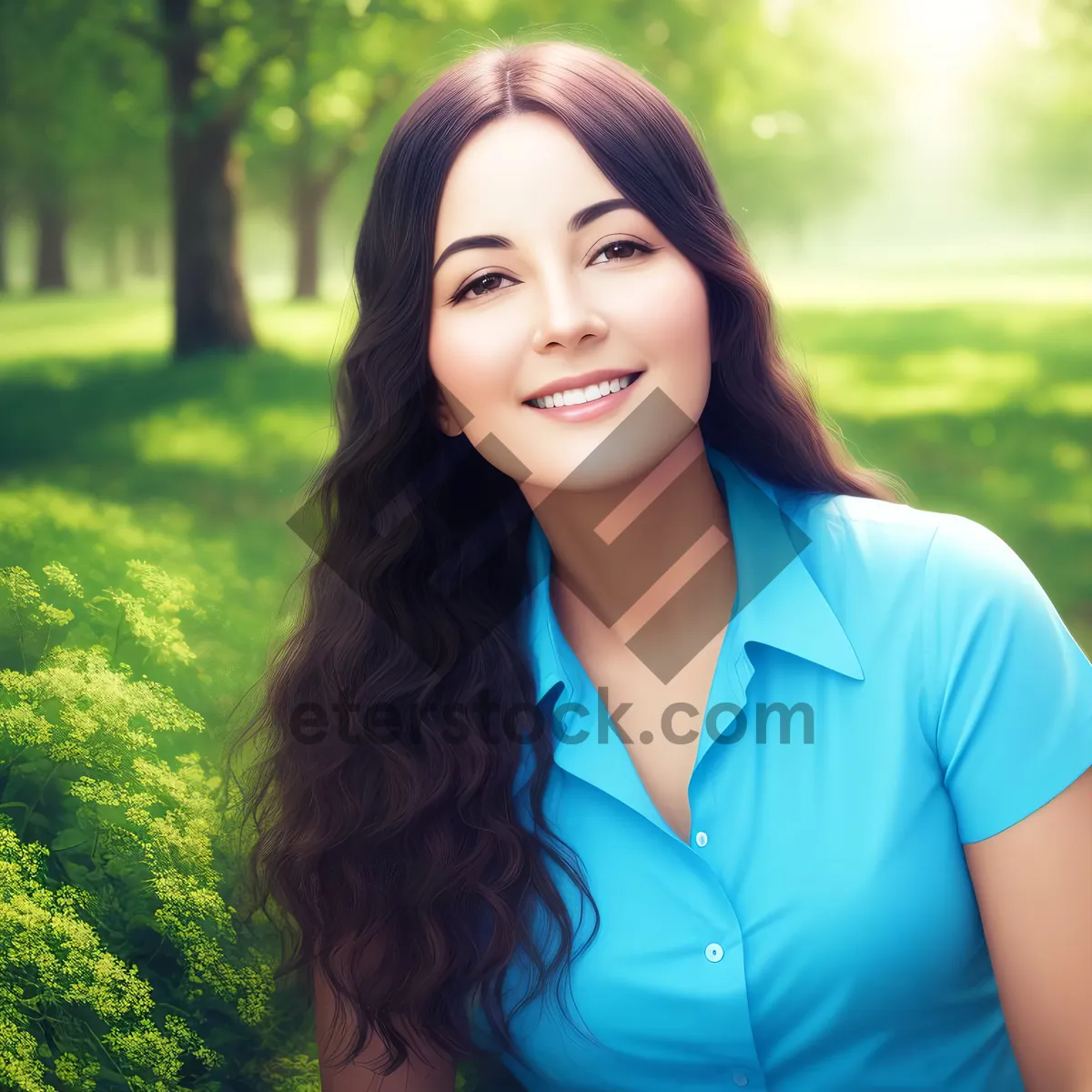 Picture of Cheerful brunette lady smiling with gladiolus