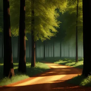 Enchanting Forest Pathway Bathed in Morning Sunlight.