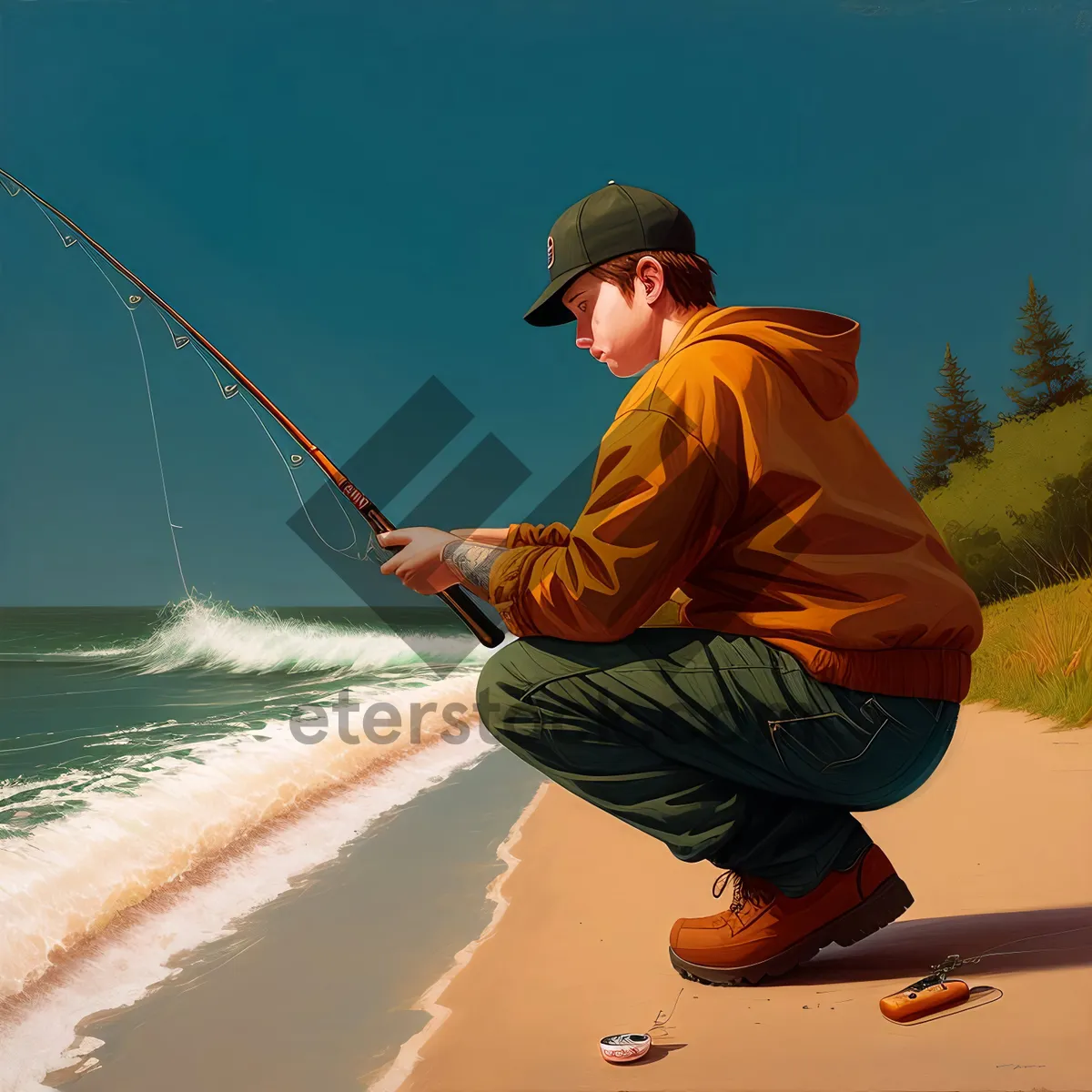 Picture of Active Fisherman with Fishing Gear by the Sea