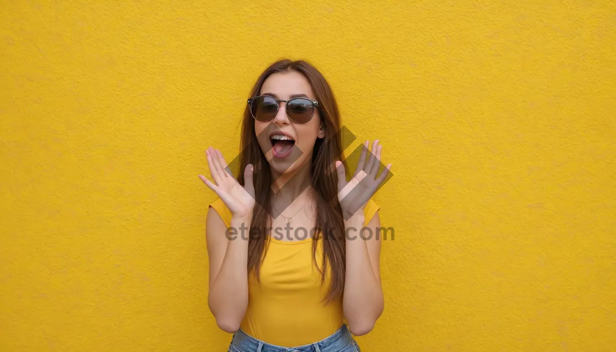 Picture of Attractive brunette lady in fashionable sunglasses smiling happily