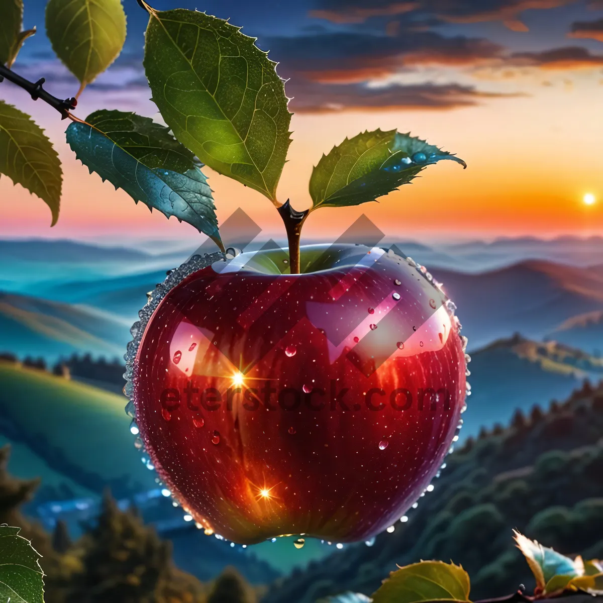 Picture of Fresh cherry, juicy and delicious fruit on stem.