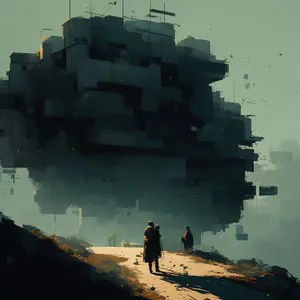 Sunset cityscape over shipwreck on coastal shore.