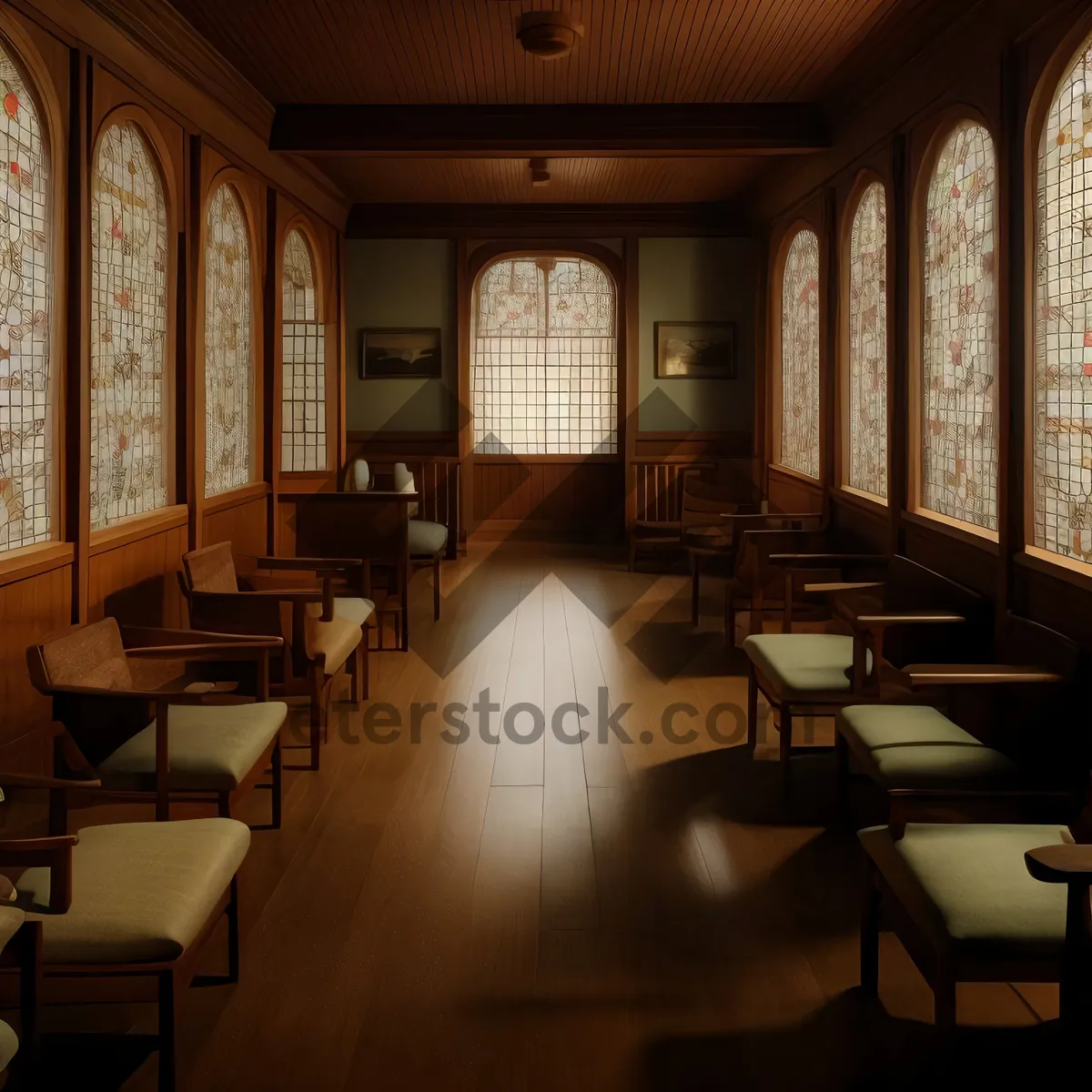 Picture of Modern Classroom Interior with Wood Furniture