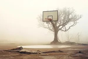 Sunset beach landscape with equipment and tree