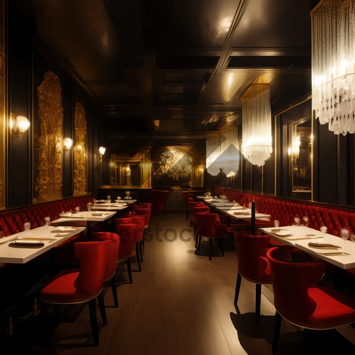 Picture of Modern interior design of restaurant with wooden furniture.