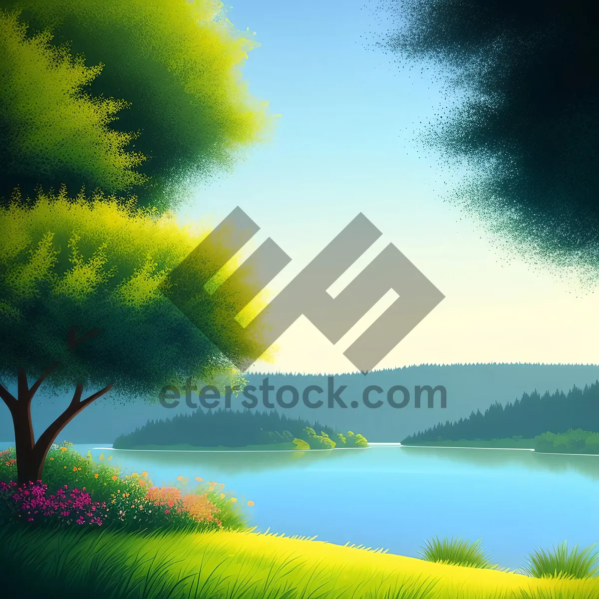 Picture of Serene Sunset over Meadow and Lake"
or
"Vibrant Landscape with Clear Skies and Lush Fields