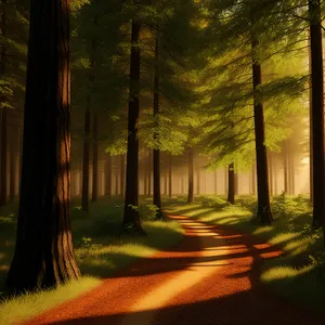 Enchanting woodland foliage and sunlit path.