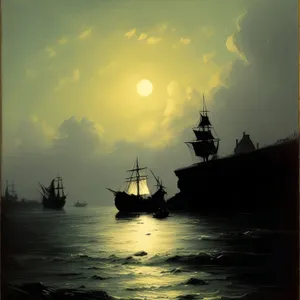 Sunset Pirate Ship on Ocean Horizon