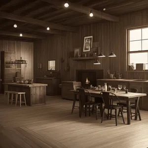 Modern interior dining room with wooden furniture