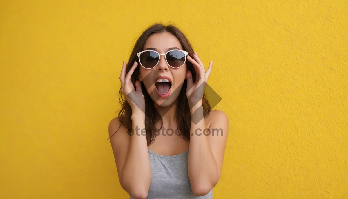 Picture of Attractive lady posing with sunglasses in studio portrait.