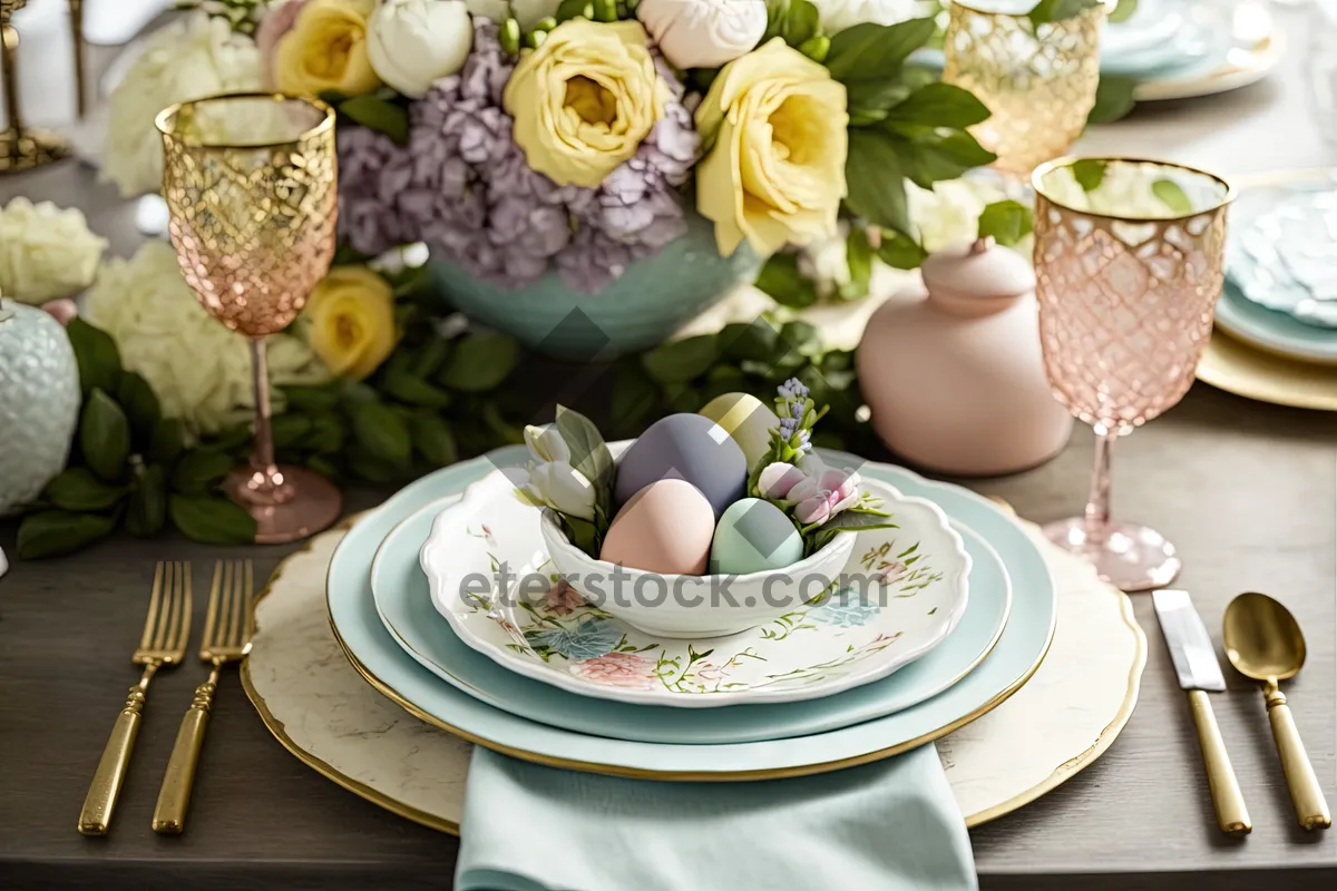 Picture of Elegant Wedding Dinner Table Setting with Pink Roses