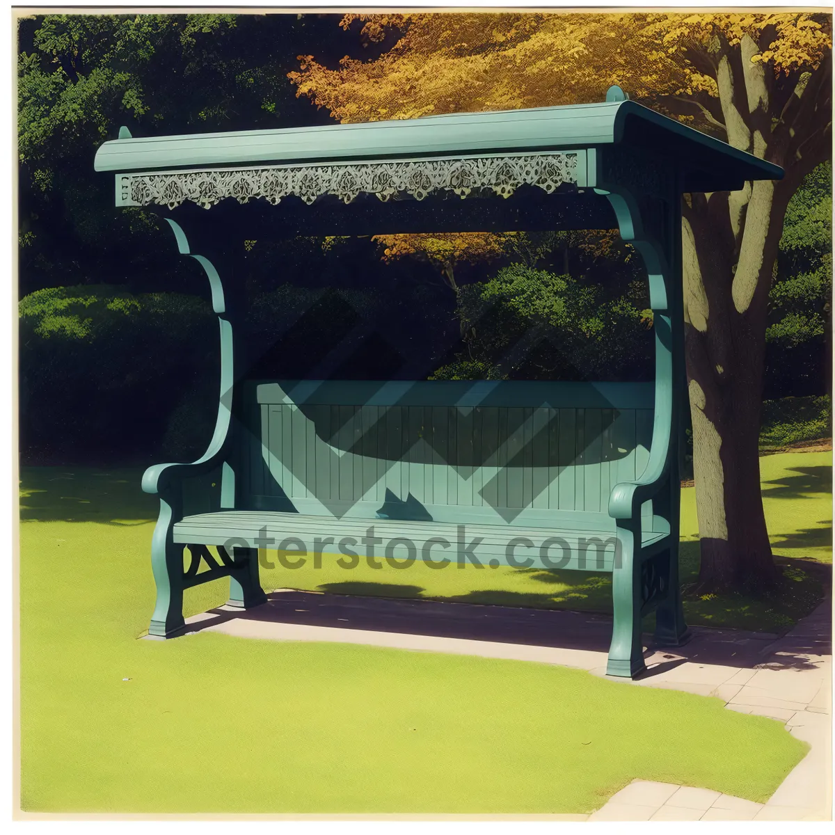 Picture of Wooden Park Bench with Armrests and Empty Seating Area