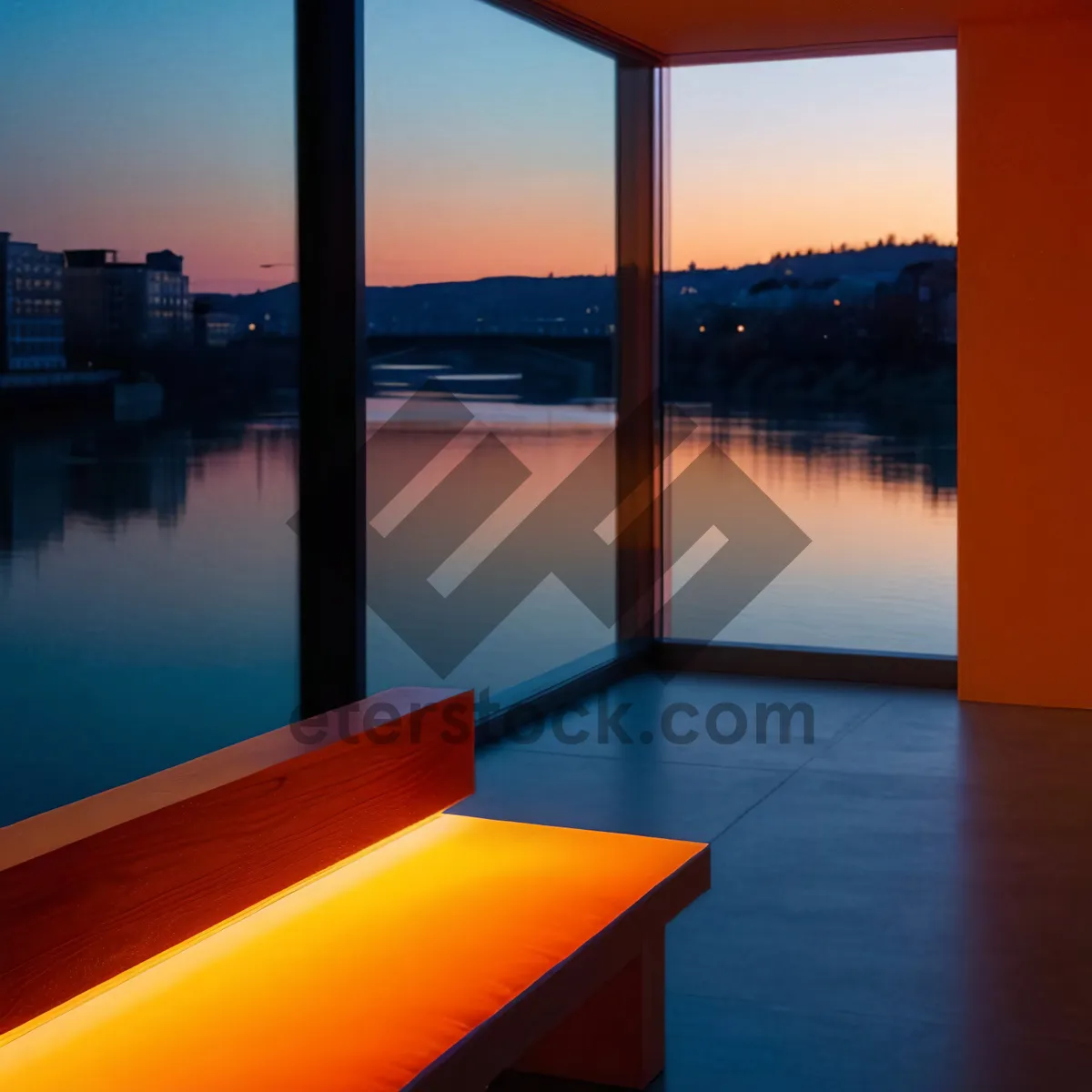 Picture of Serene beach at sunset with boathouse