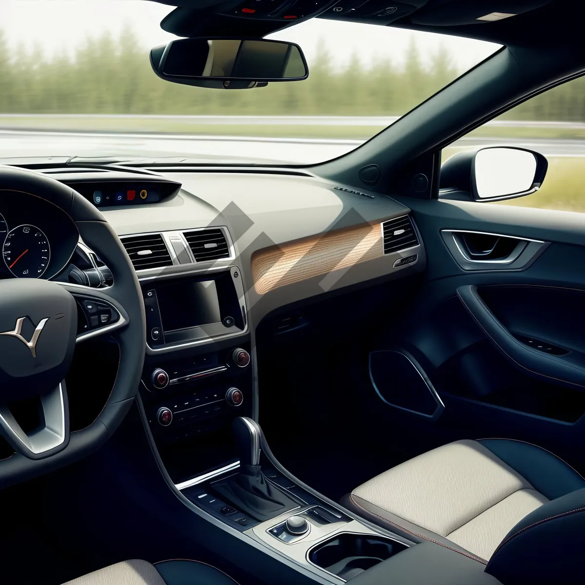 Picture of Modern Car Cockpit with Steering Wheel and Dashboard Control