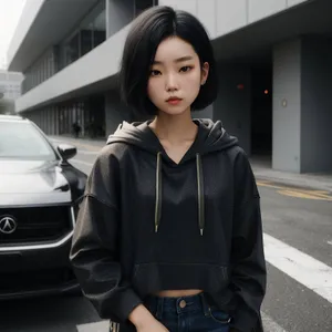 Attractive brunette businesswoman smiling with backpack