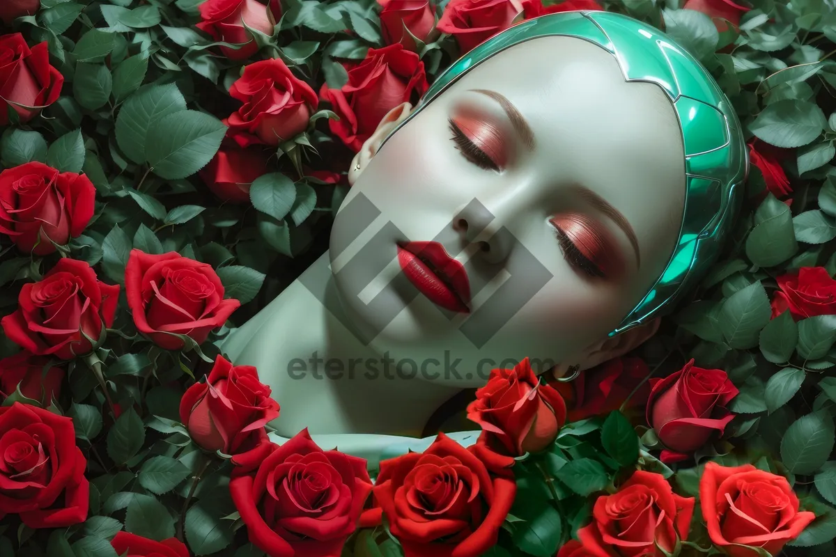 Picture of Fashion model with floral rose bouquet decoration portrait