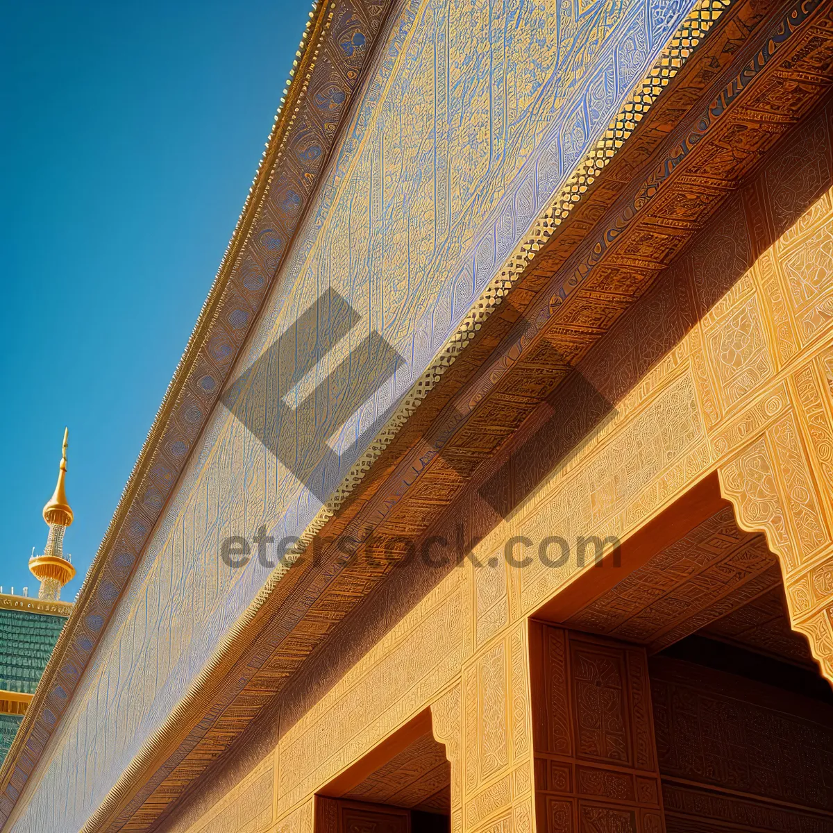 Picture of Urban Skyline Reflection on Ancient Temple Roof