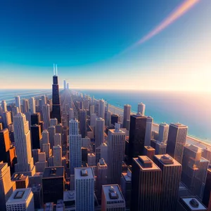 Urban Skyline at Sunset: Modern Cityscape with Spectacular Skyscrapers