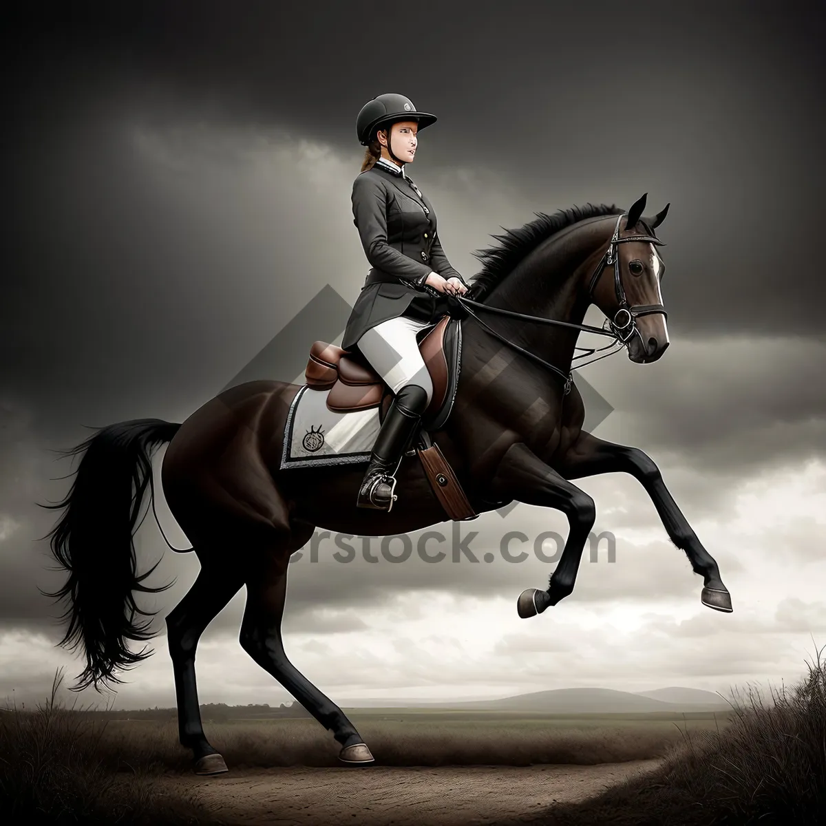 Picture of Silhouette of Polo Rider on Thoroughbred Horse"
or
"Dynamic Equestrian Action with Polo Mallet