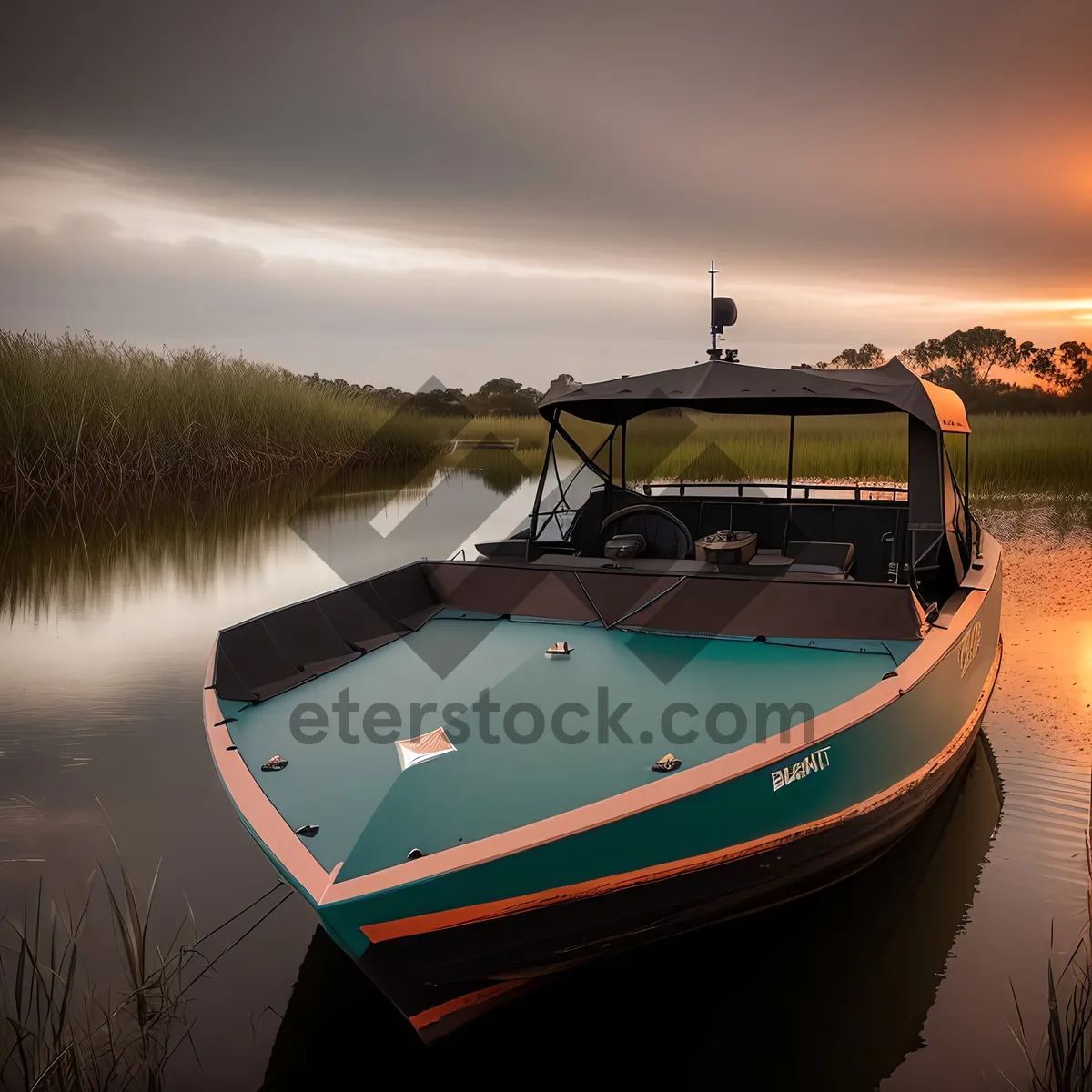 Picture of Serene Seascape with Fishing Boat and Marina