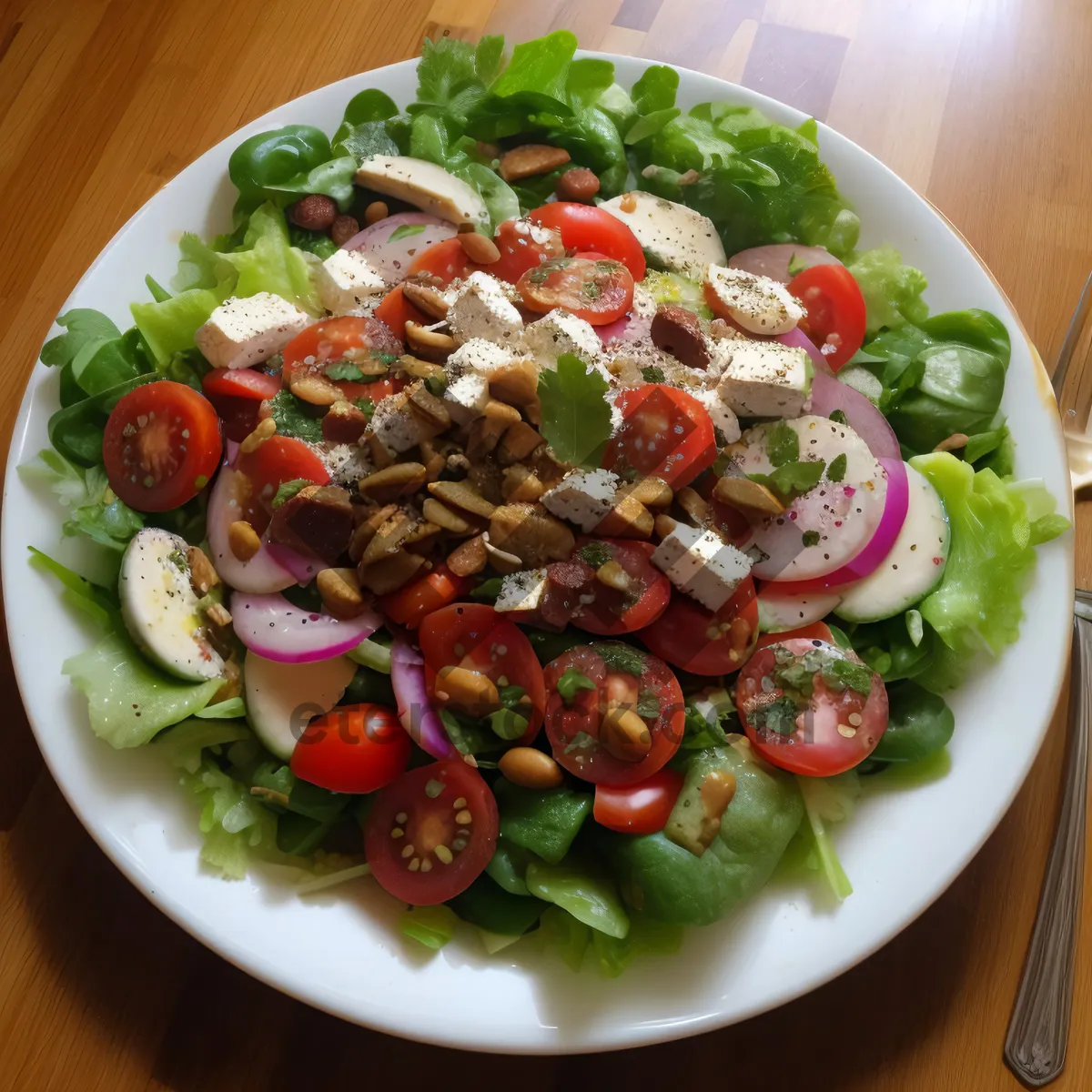 Picture of Delicious gourmet salad with fresh vegetables and cheese.