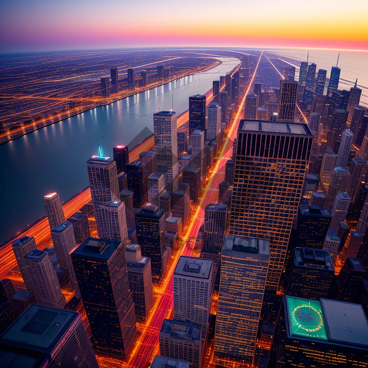 Picture of Cityscape at Night: Majestic Skyscrapers Reflecting on the River