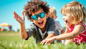 Happy family wearing goggles enjoying summertime together outdoors