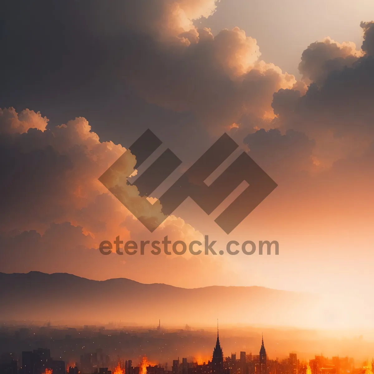 Picture of Vibrant Sunset Skyline with Clouds