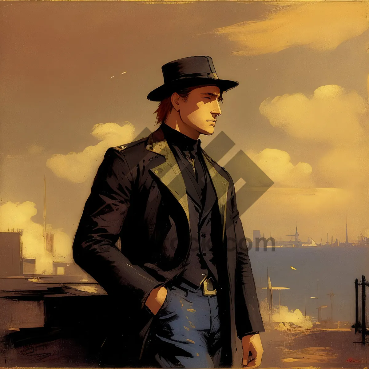 Picture of Happy male cowboy in western uniform with cowboy hat