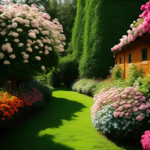 Summer Garden Park Scene with Hydrangea Flowers