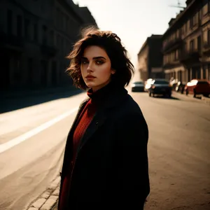 Attractive fashion model with covered hair and happy smile.