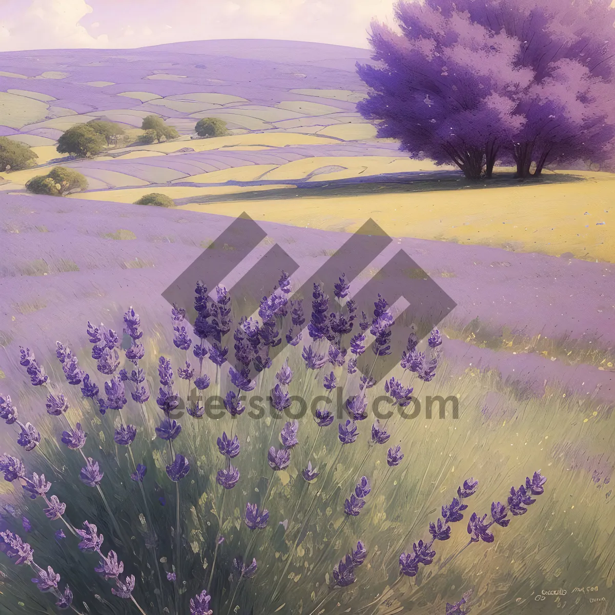 Picture of Vibrant purple lavender flowers in mesmerizing landscape.