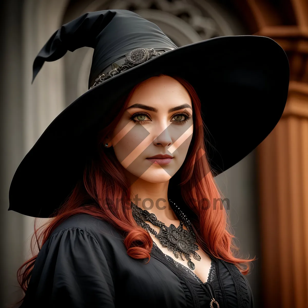 Picture of Sorcerer Lady in Fashionable Hat: Attractive Portrait of a Happy Brunette Model