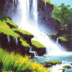 Tranquil riverscape with cascading waterfall in a lush forest