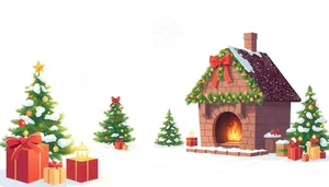 Winter Holiday House Decoration With Birdhouse And Tree