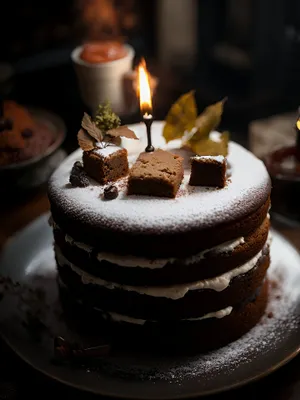 Decadent Chocolate Cake with Creamy Sauce and Candles.