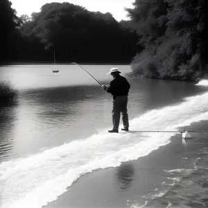 Sunset Angler with Fishing Rod on Beach