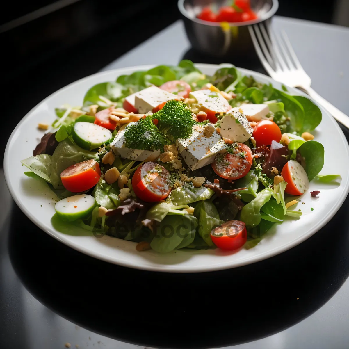 Picture of Fresh vegetable salad with cheese and olive oil dressing.