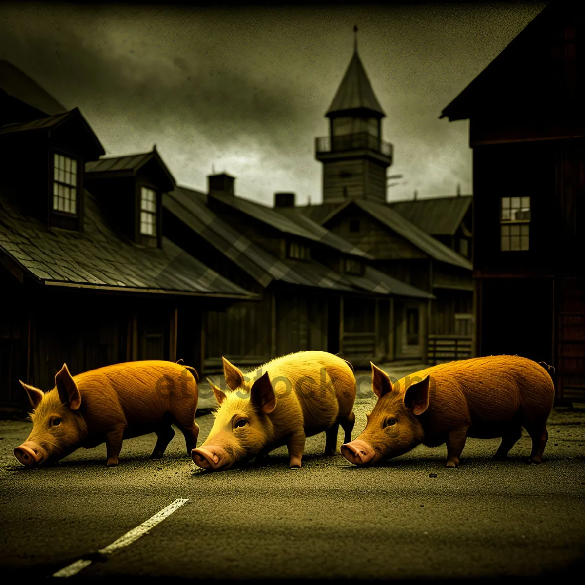 Picture of Wild Swine Grazing in Farm Pasture