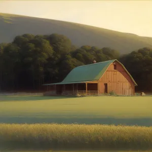 Rural Barn against Serene Country Landscape