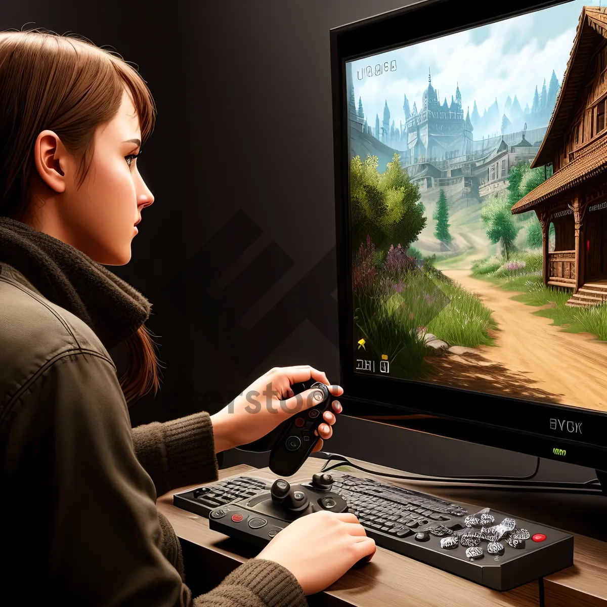Picture of Smiling Businesswoman Working on Laptop at Desk