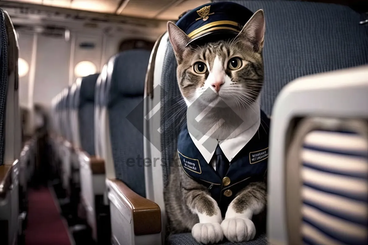 Picture of Adorable Tabby Cat Sitting Comfortably on Plane Seat