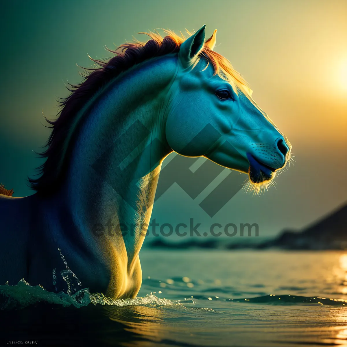 Picture of Majestic Stallion Galloping by the Beach at Sunset