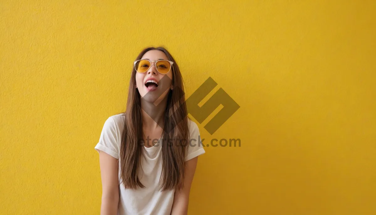 Picture of Fashion model posing in studio with sunglasses smiling confidently.